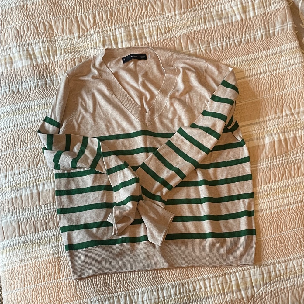 Mango Beige V-Neck Sweater with Green Stripes